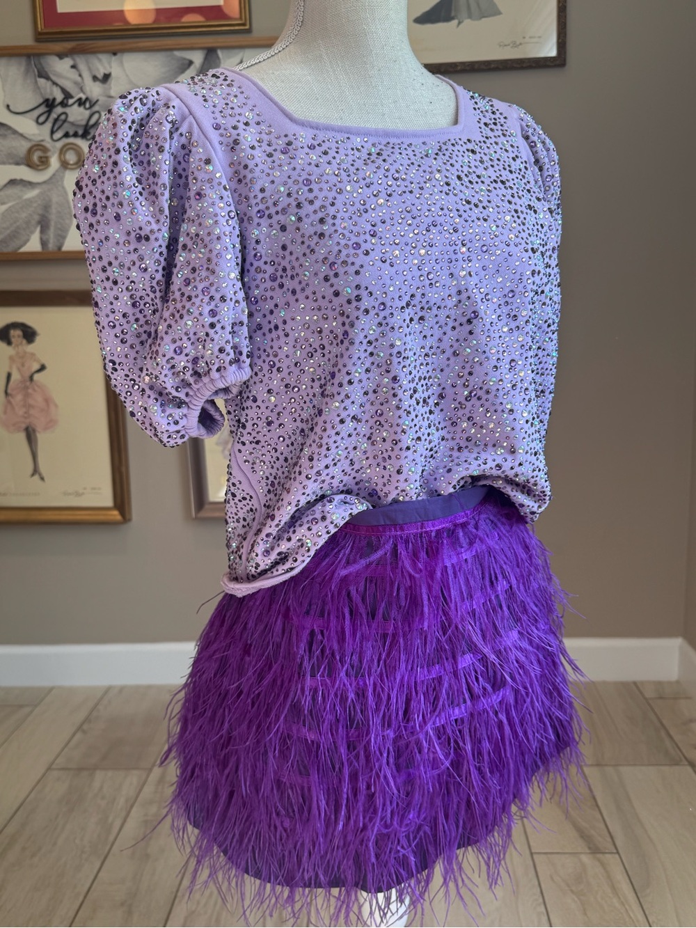 NWT! QUEEN OF SPARKLES Purple Feather Mini Skirt